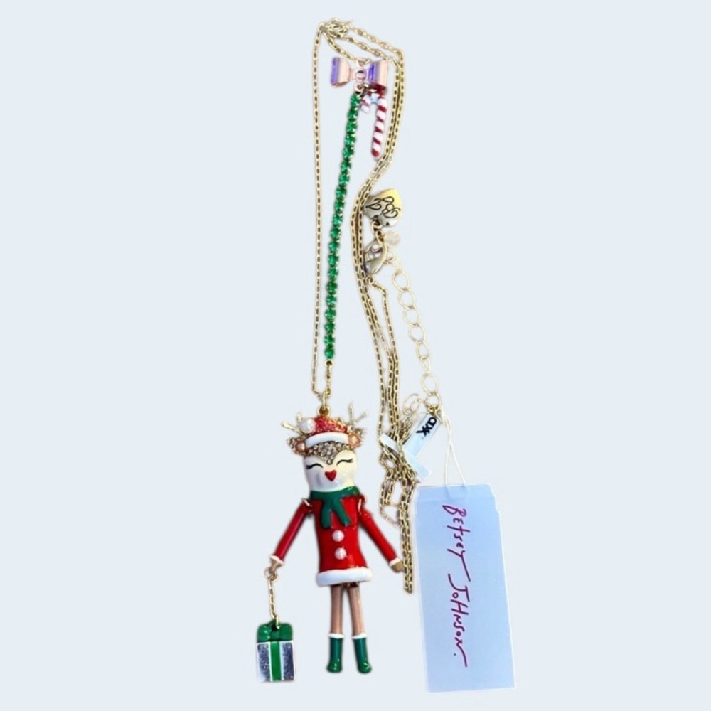 BETSEY JOHNSON Christmas Rudolph Reindeer Necklace Articulated Arms & Legs NWT